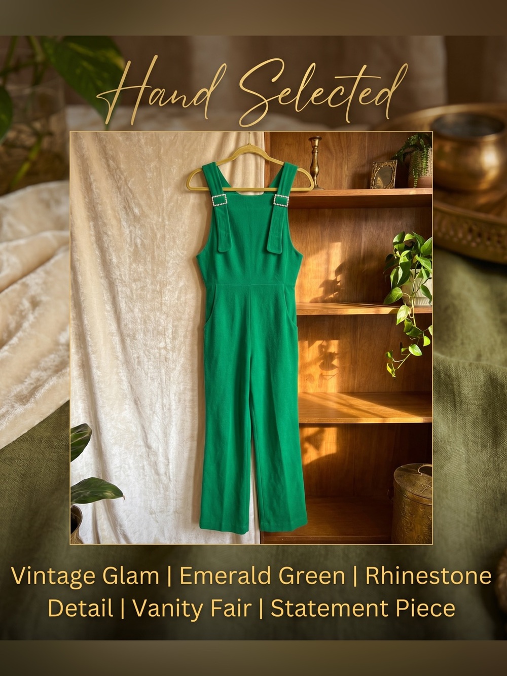 Vanity Fair Vintage Emerald Green Velour Wide Leg Jumpsuit Rhinestone Mob Wife 1